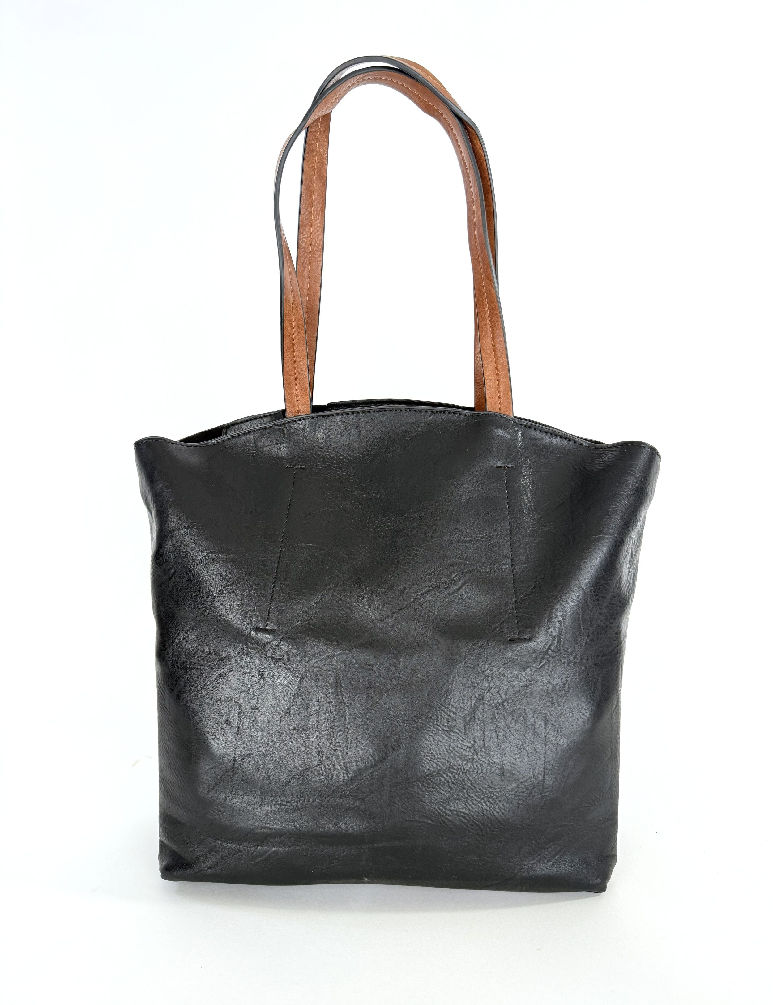 Κλασική Μαύρη με καφέ λουριά Faux Leather Τσάντα Tote, ανθεκτική, ευρύχωρη και κομψή για καθημερινή χρήση.