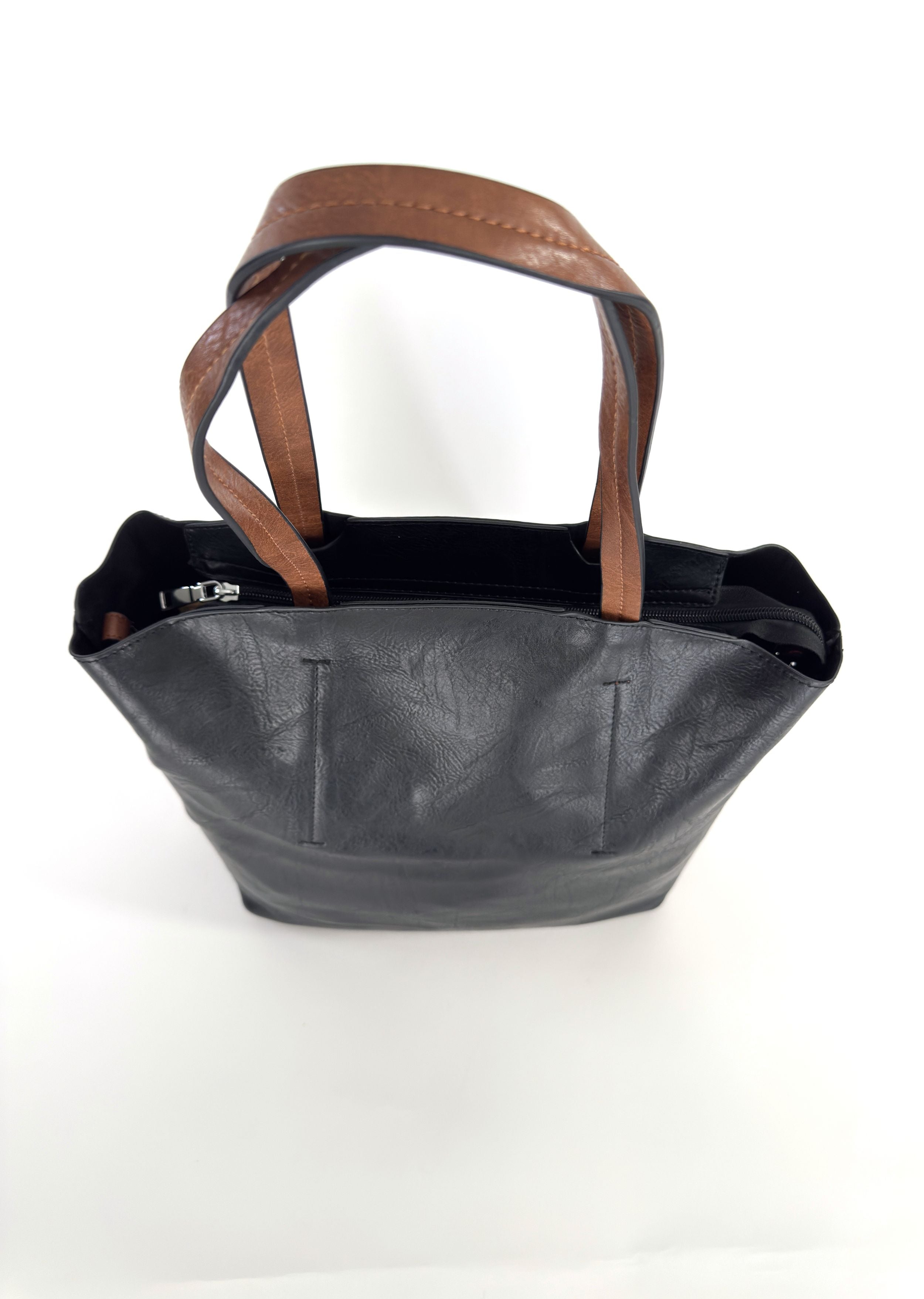 Κλασική Μαύρη με καφέ λουριά Faux Leather Τσάντα Tote, ανθεκτική, ευρύχωρη και κομψή για καθημερινή χρήση.