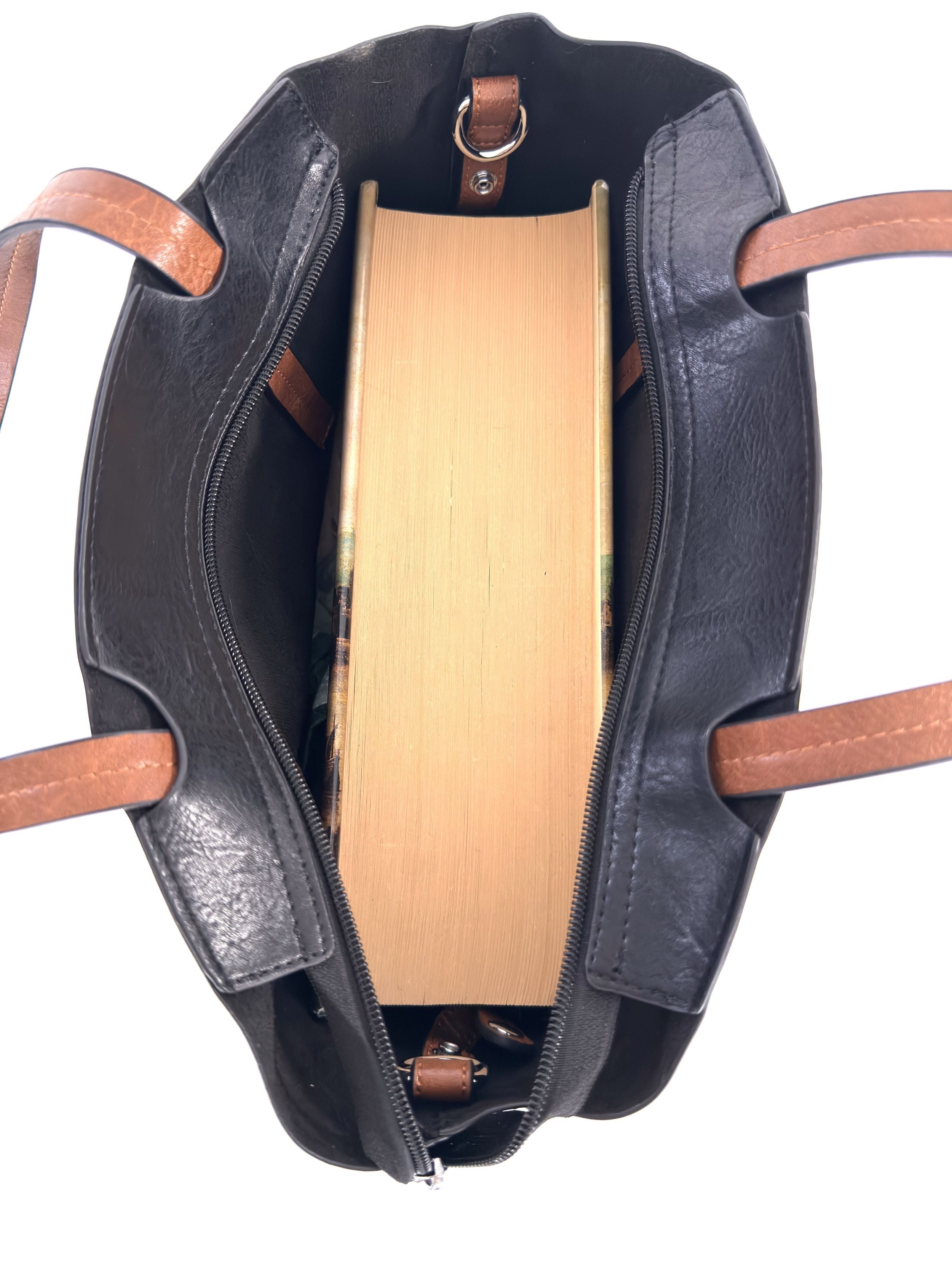 Κλασική Μαύρη με καφέ λουριά Faux Leather Τσάντα Tote, ανθεκτική, ευρύχωρη και κομψή για καθημερινή χρήση.