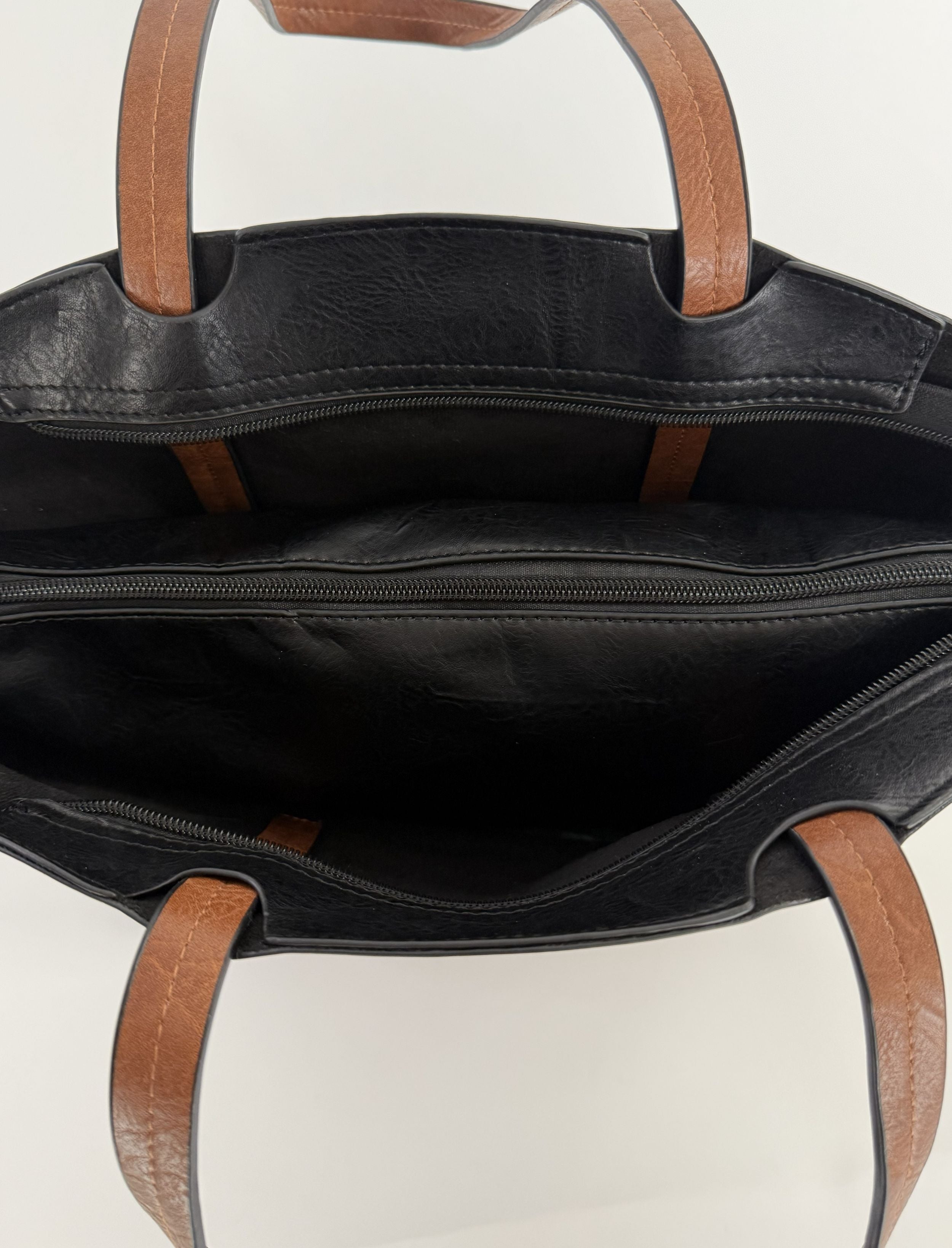 Κλασική Μαύρη με καφέ λουριά Faux Leather Τσάντα Tote, ανθεκτική, ευρύχωρη και κομψή για καθημερινή χρήση.