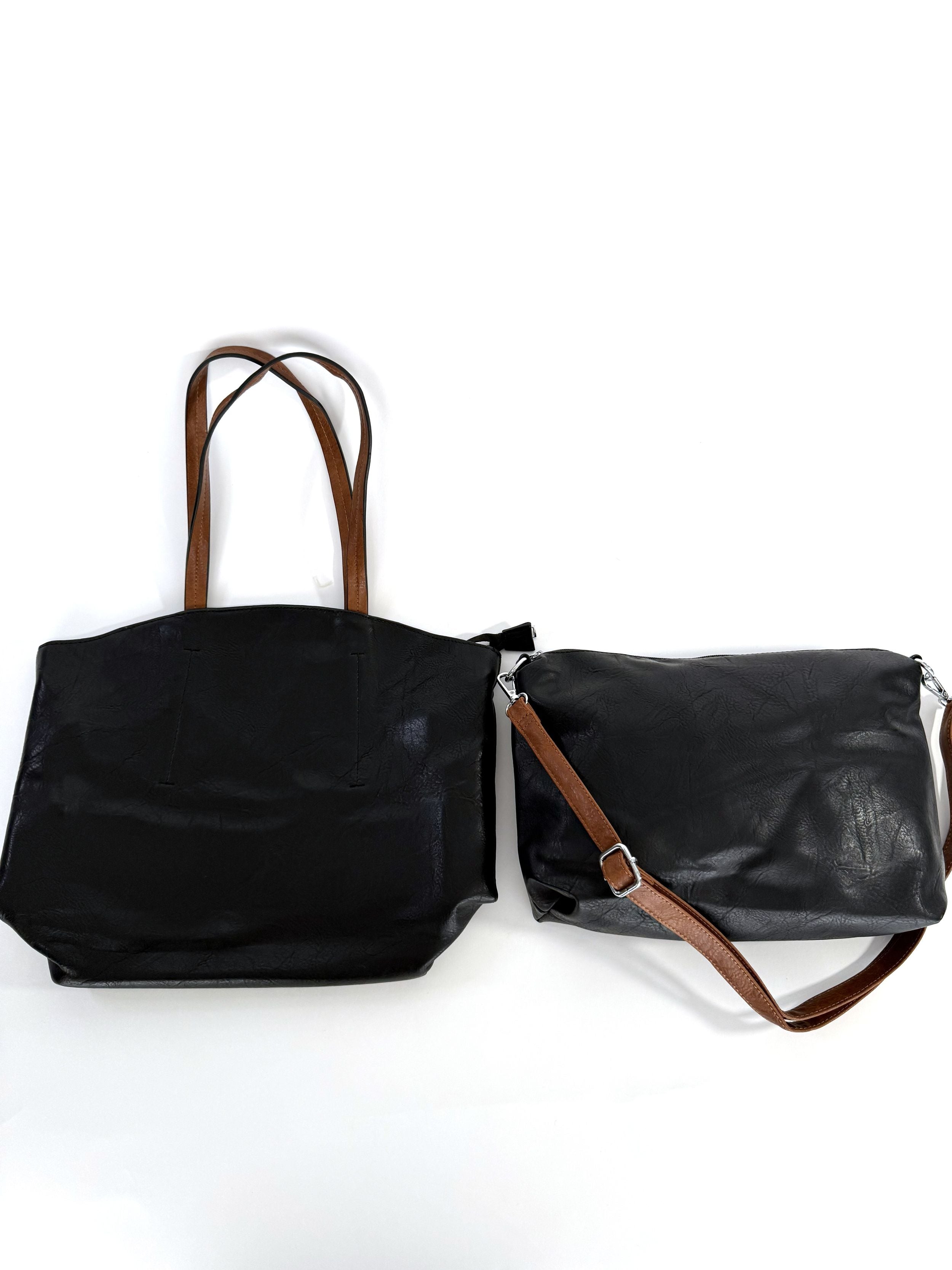 Κλασική Μαύρη με καφέ λουριά Faux Leather Τσάντα Tote, ανθεκτική, ευρύχωρη και κομψή για καθημερινή χρήση.