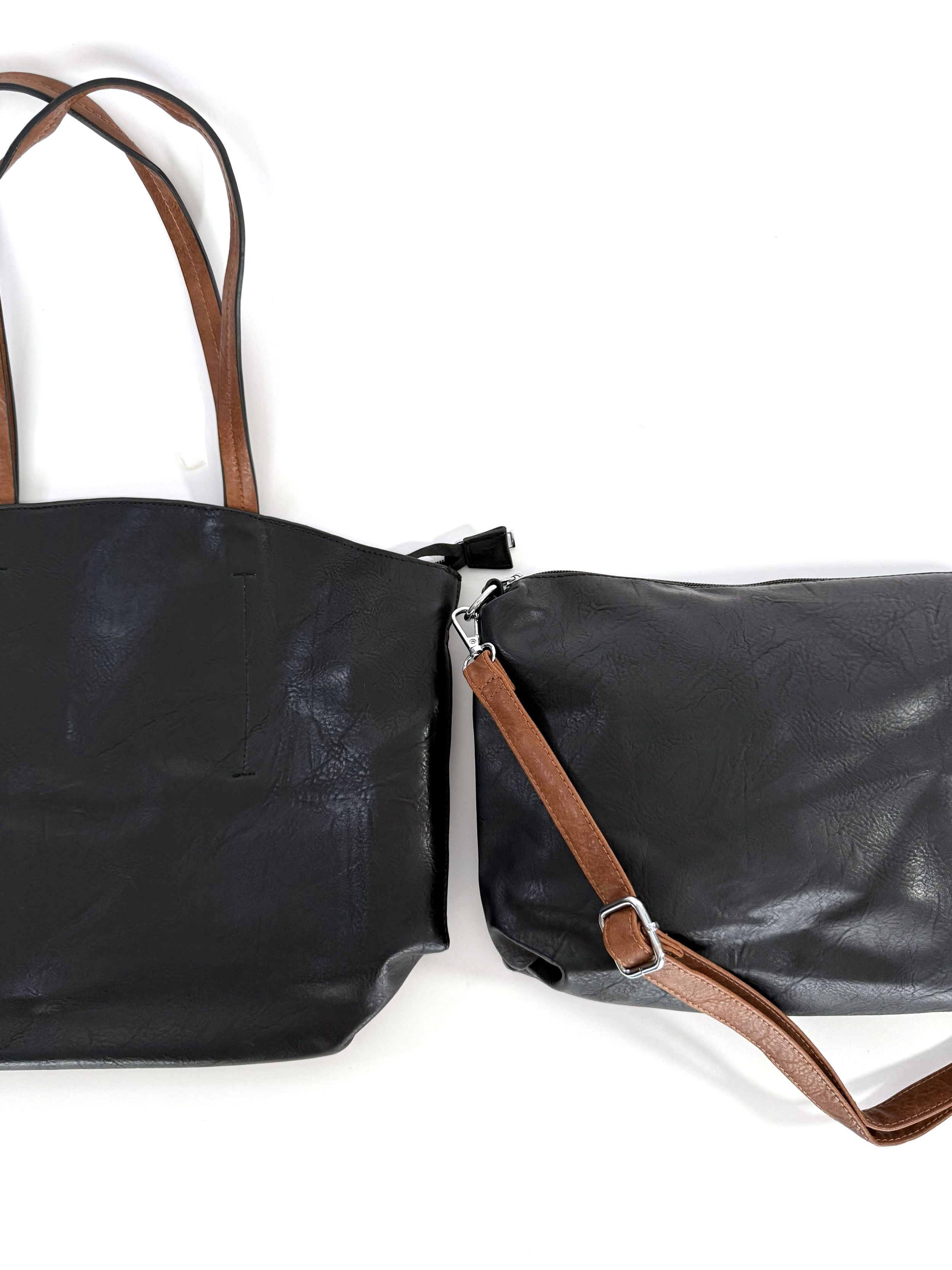 Κλασική Μαύρη με καφέ λουριά Faux Leather Τσάντα Tote, ανθεκτική, ευρύχωρη και κομψή για καθημερινή χρήση.
